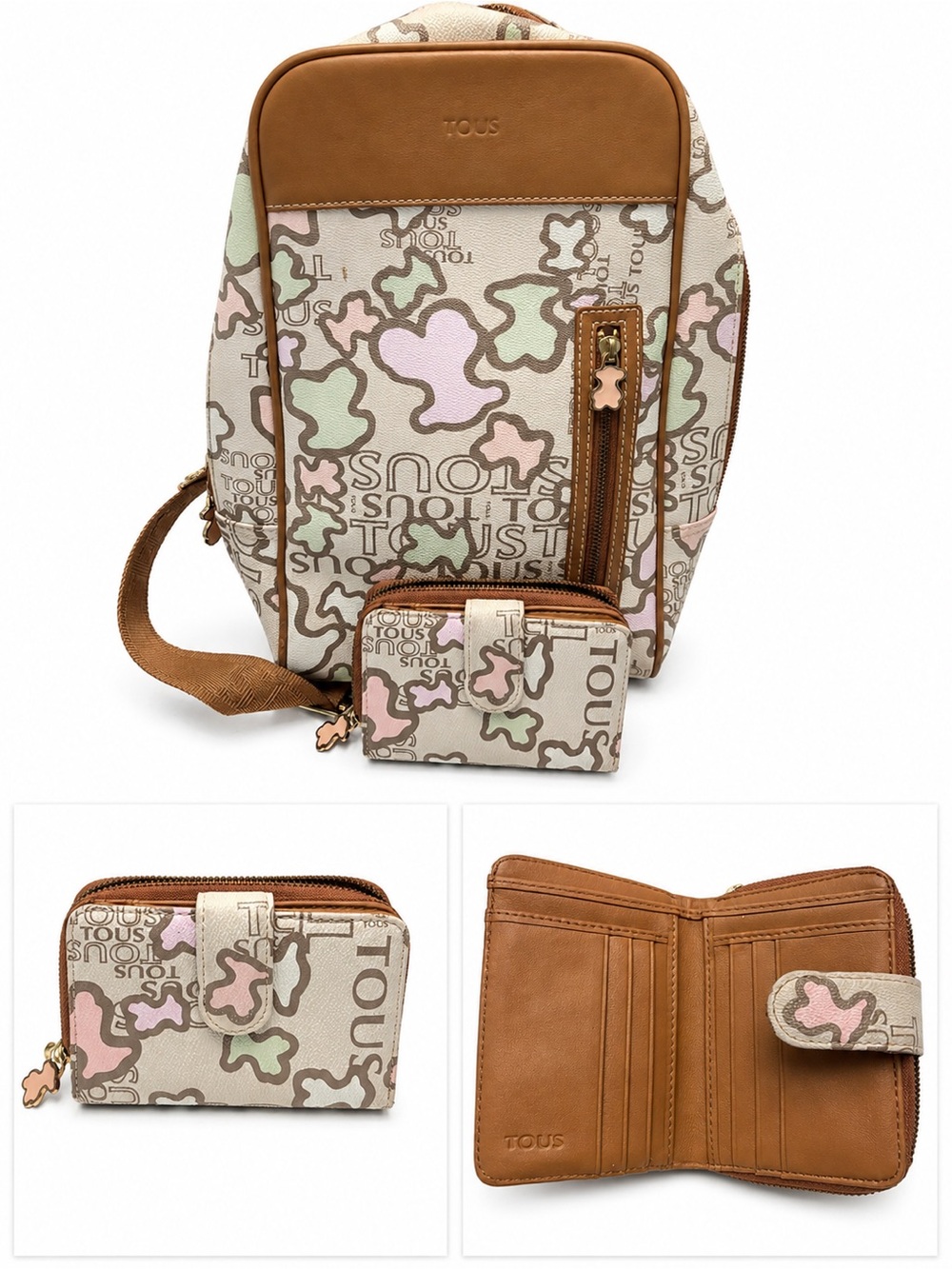 TOUS Beige Canvas Backpack and Wallet with Pink & Green Pattern and Tan Trim